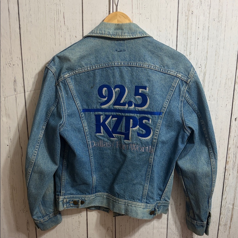 Vintage Blue Denim Jacket with Embroidered Logo 92.5 KZPS Dallas Fort Worth 36R